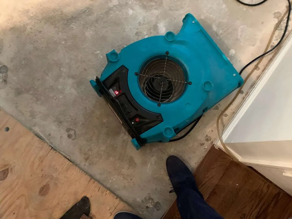 Air mover drying subfloor during Leak Detection & Repair in Madison